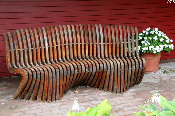Sculpted bench before Pleissner Gallery at Shelburne Museum. Shelburne, VT.