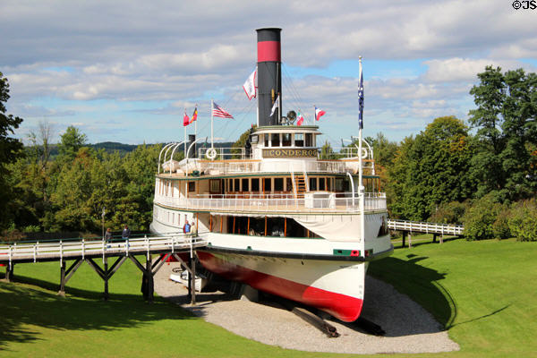 Ticonderoga side paddlewheel passenger steamboat (1906) by Shelburne Shipyard on Lake Champlain at Shelburne Museum. Shelburne, VT.