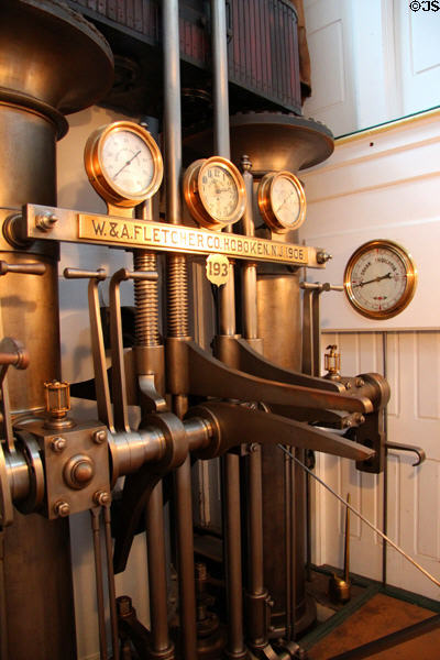 Steam engine controls with gauges (1906) by W. & A. Fletcher Co. of Hoboken, NJ aboard Ticonderoga at Shelburne Museum. Shelburne, VT.