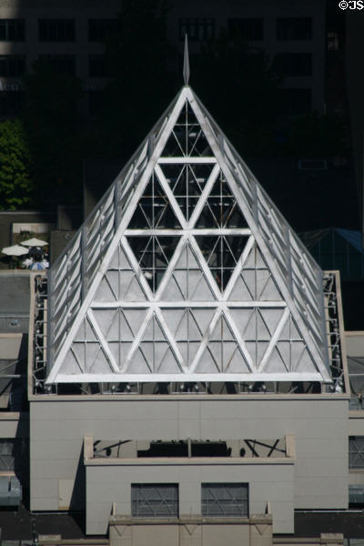 Pointed roof of W Hotel (1999) (27 floors) (1112 4th Ave.). Seattle, WA. Architect: Callison Architecture, Inc..