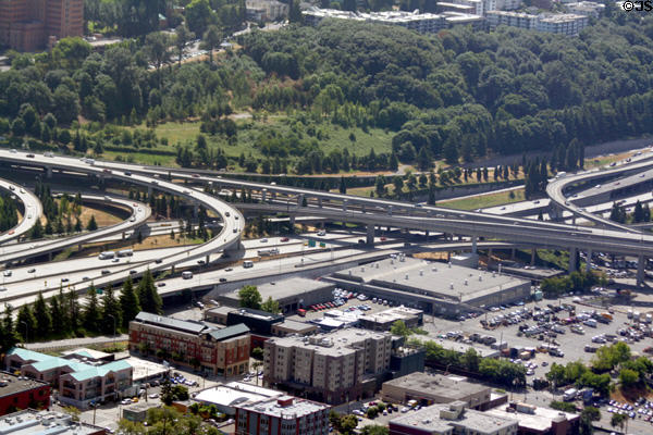 Interchange of Interstates 90 & 5 seen from above against Dr Rizal Park. Seattle, WA.