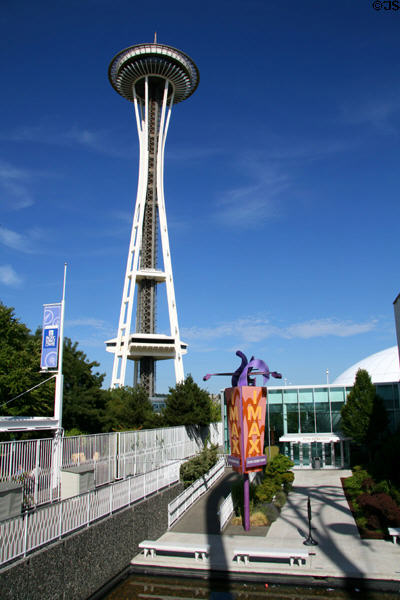Space Needle over IMAX Theater of Pacific Science Center. Seattle, WA.