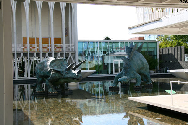 Dinosaur statues in courtyard of Pacific Science Center. Seattle, WA.