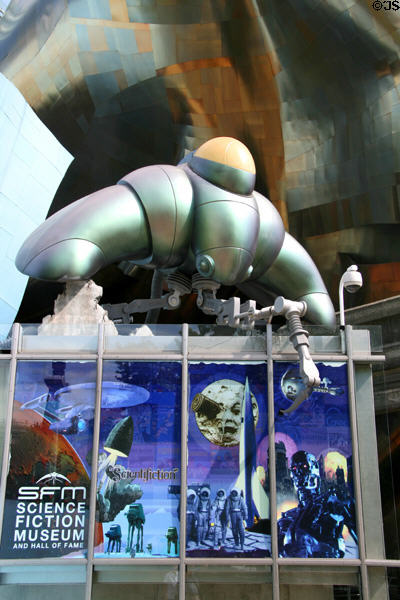 Science Fiction Museum & Hall of Fame sign with robot at EMP|FSM. Seattle, WA.