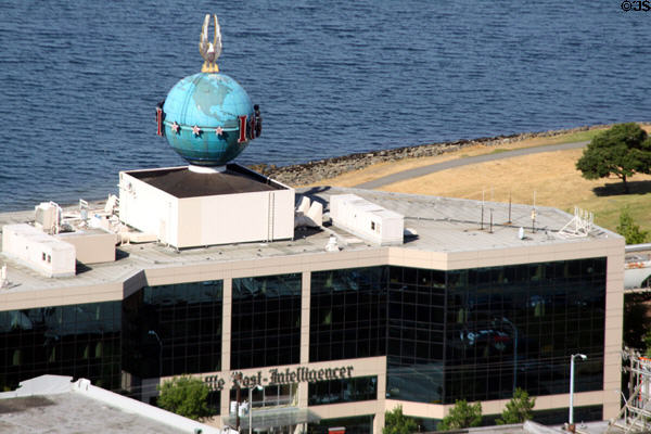 Seattle Post-Intelligencer Building (1986) (101 Elliott Ave. West) with its eagle atop a globe from Space Needle. Seattle, WA.