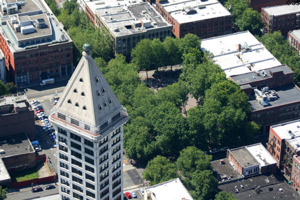 Smith Tower & Occidental Park from Columbia Center Sky View. Seattle, WA.