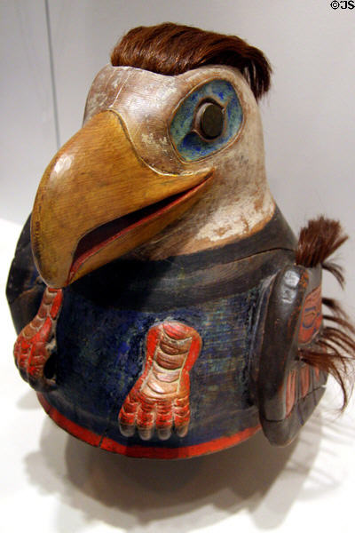 Northwest Coast native wooden eagle war helmet (c1780) by Tlingit artist of Angoon at Seattle Art Museum. Seattle, WA.