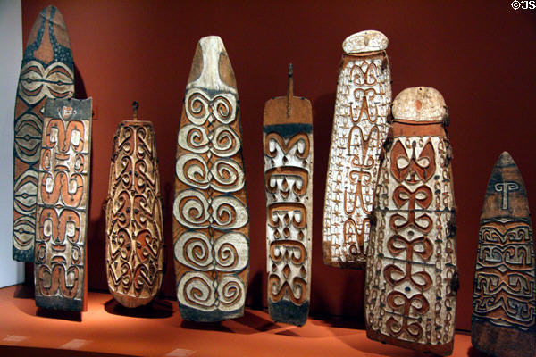 Collection of war shields (prior to 1971) from Irian Jaya & New Guinea at Seattle Art Museum. Seattle, WA.
