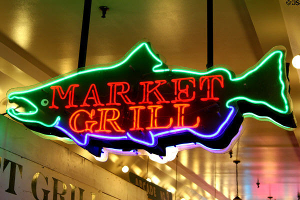 Neon fish sign in Pike Place Market. Seattle, WA.
