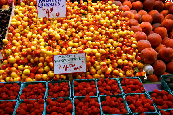 Cherries & raspberries in Pike Place Market. Seattle, WA.