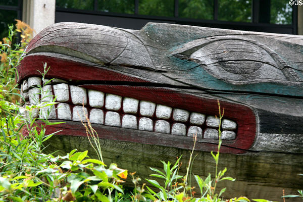 Detail of Single Fin (1985 replica of c1880 Howkan Whale Monument) at Burke Museum of University of Washington. Seattle, WA.