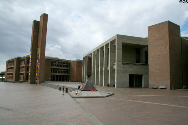 Central Plaza at University of Washington with Odegaard Undergraduate Library, Campanile (vent stacks), & Kane Hall. Seattle, WA.