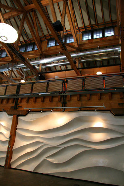 Sculpted wall within wooden dock structure of Seattle Aquarium. Seattle, WA.