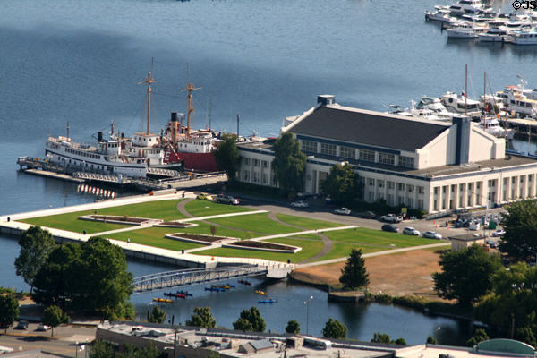 Historic Ship Wharf of Northwest Seaport Maritime Heritage Center & Seattle Armory in Lake Union Park seen from Space Needle. Seattle, WA.