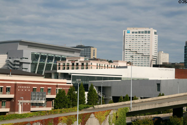 Tacoma Convention & Trade Center, Hotel Murano, & Art Museum on skyline. Tacoma, WA.