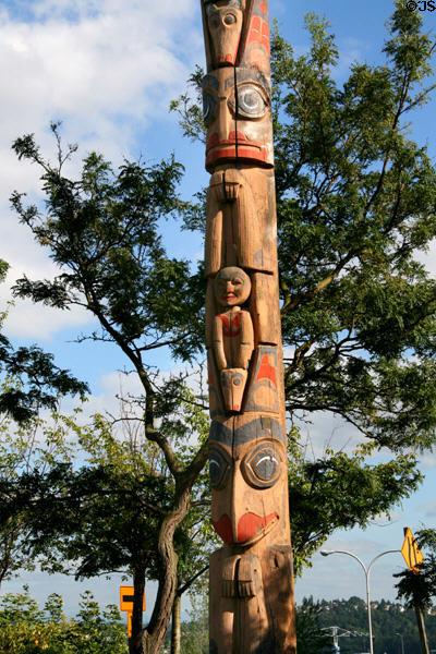 Details of Alaskan Totem Pole (1903) in Tacoma city park. Tacoma, WA.