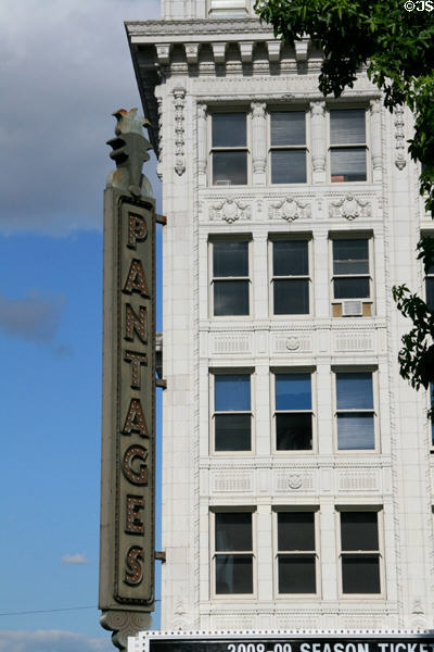 Sign & corner details of Pantages Theater. Tacoma, WA.