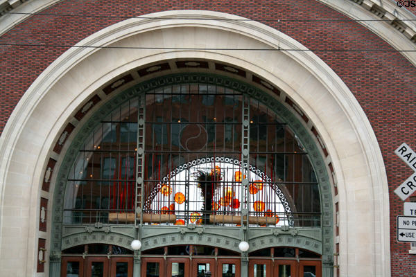 Arched windows of Tacoma Union Station with Dale Chihuly glass sculptures. Tacoma, WA.