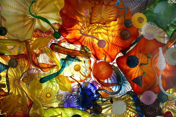 Blown glass forms by Dale Chihuly in ceiling of Seaform Pavilion bridge. Tacoma, WA.