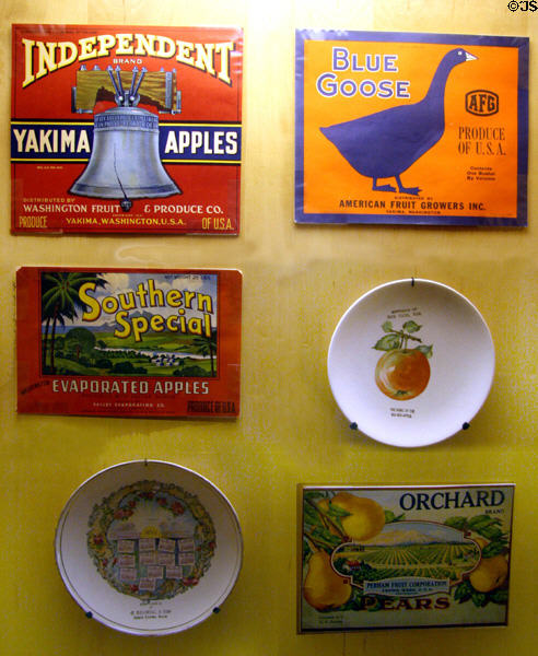 Yakima fruit shipping labels & souvenir plates (early 20th C) at Washington State History Museum. Tacoma, WA.
