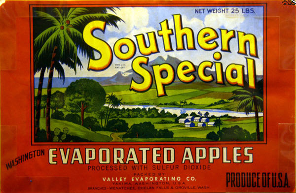 Evaporated apples shipping label from pioneer Yakima at Washington State History Museum. Tacoma, WA.