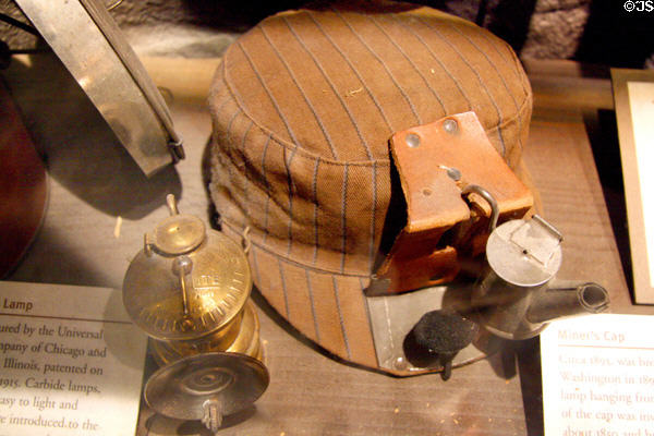 Carbide lamp (c1915) & miner's cap (c1895) at Washington State History Museum. Tacoma, WA.