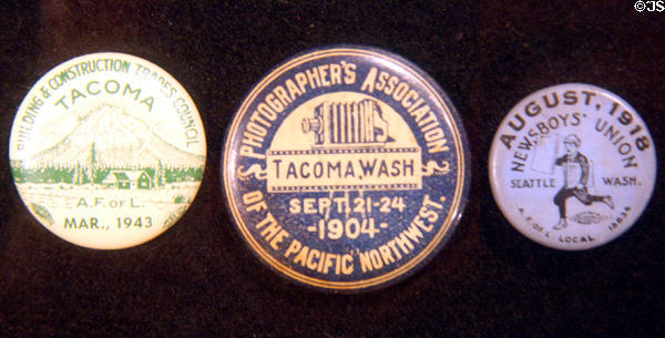 Various union buttons (1904-43) at Washington State History Museum. Tacoma, WA.