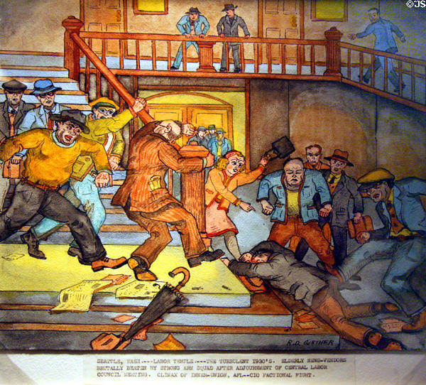 Graphic of union violence during factional fights of AFL & CIO (1930s) by R.D. Gunther at Washington State History Museum. Tacoma, WA.