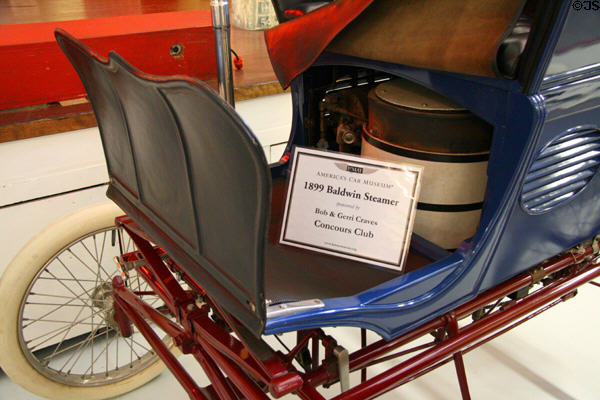 Baldwin Steamer (1899) boiler under front seat at LeMay Museum. Tacoma, WA.