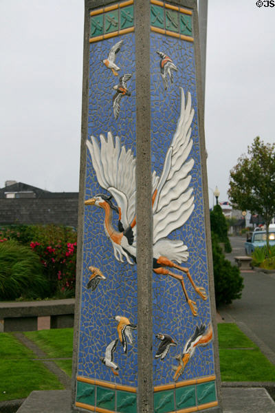 Heron & birds on tile art column on streets of Long Beach. Long Beach, WA.