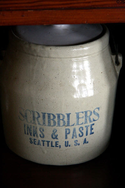 Stoneware crock from Scribblers Inks & Paste of Seattle in Hovander Homestead house. Ferndale, WA.