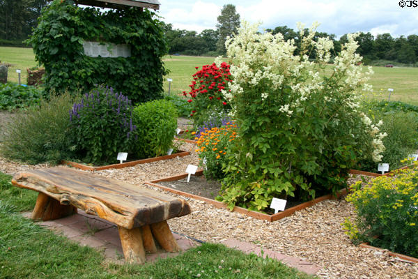 Flower beds with bench at Hovander Homestead. Ferndale, WA.