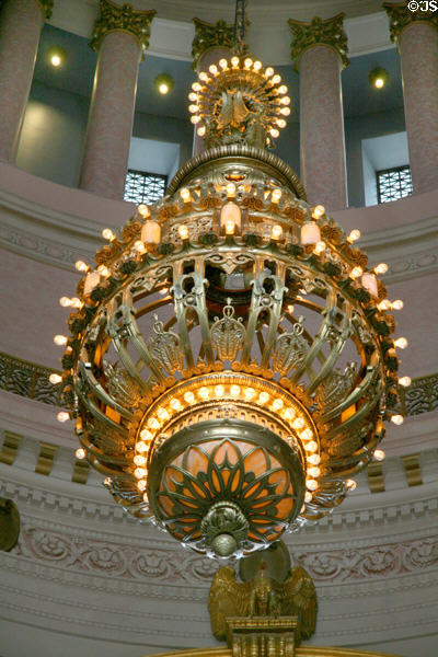 Interior of dome of Washington State Capitol with 5-ton bronze chandelier by Tiffany Studies. Olympia, WA.