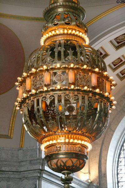 5-ton bronze chandelier by Tiffany Studies hangs from Washington State Capitol dome. Olympia, WA.