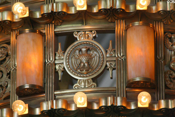Eagle decorates Tiffany's dome chandelier in Washington State Capitol. Olympia, WA.