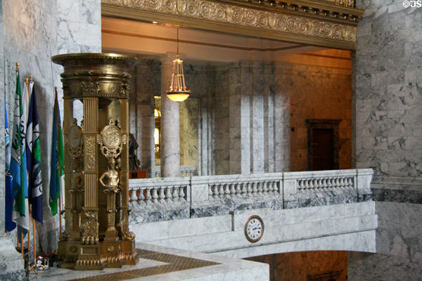 Roman-style firepot & marble balcony around Rotunda of Washington State Capitol. Olympia, WA.