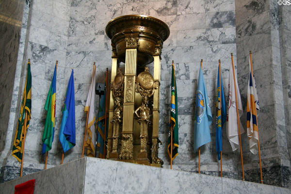 Bronze Roman-style firepot with Washing county flags in State Capitol. Olympia, WA.