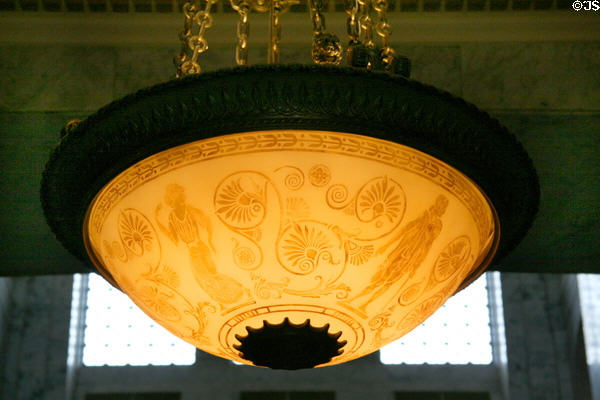 Hanging lamp with classical figures etched on globe designed by Tiffany Studies in Washington State Capitol. Olympia, WA.
