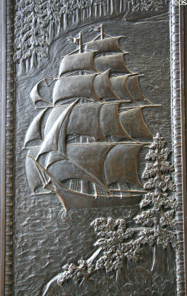 Panel of sailing ship on bronze doors (1928) of Washington State Capitol. Olympia, WA.