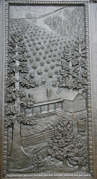Panel of settler's farm on bronze doors (1928) of Washington State Capitol. Olympia, WA.