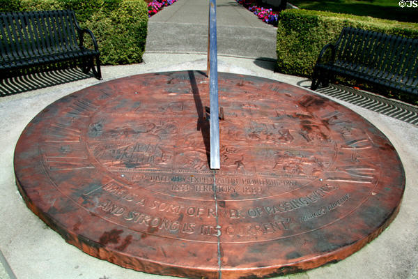 Sculpted Territorial Sundial (1959) showing early history of Washington state by John W. Elliott near State Capitol building. Olympia, WA.