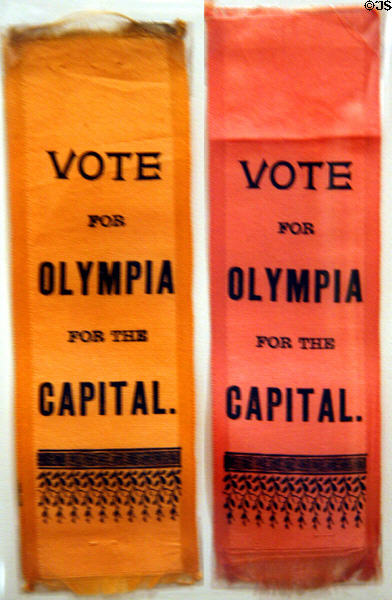 Ribbon promoting Vote for Olympia for Capital in State Capital Museum. Olympia, WA.