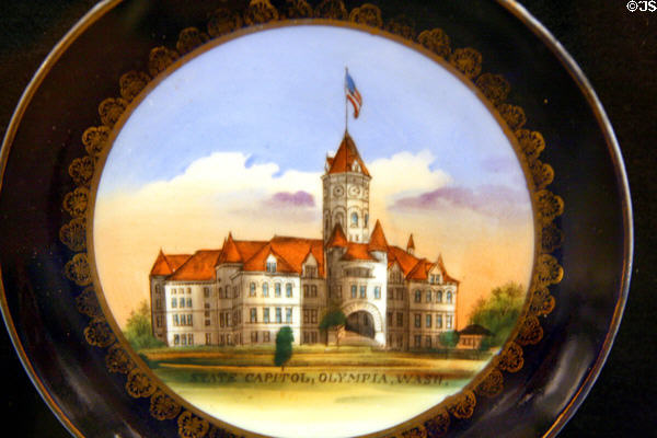 Commemorative plate with 1905 Washington State Capitol showing tower before it fell in 1949 earthquake at State Capital Museum. Olympia, WA.
