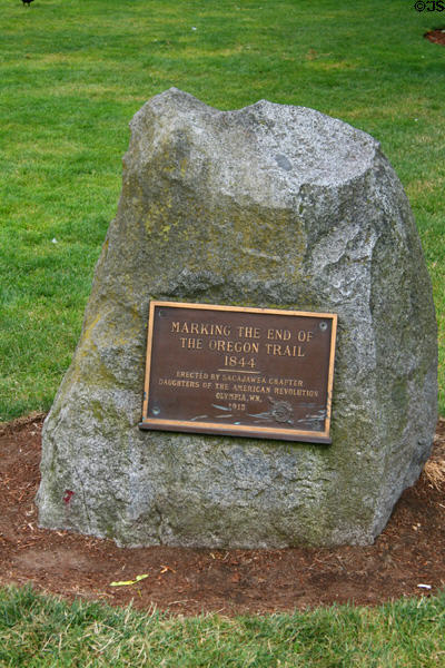 Marker of end of Oregon Trail in Olympia's Sylvester Park. Olympia, WA.