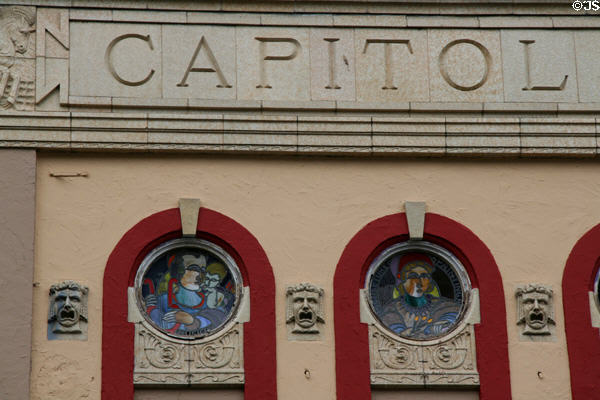 Capitol Theater with round art-glass windows of Classical muses. Olympia, WA.