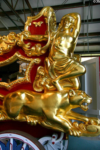 Female figure over golden lion on circus bandwagon at Circus World Museum. Baraboo, WI.