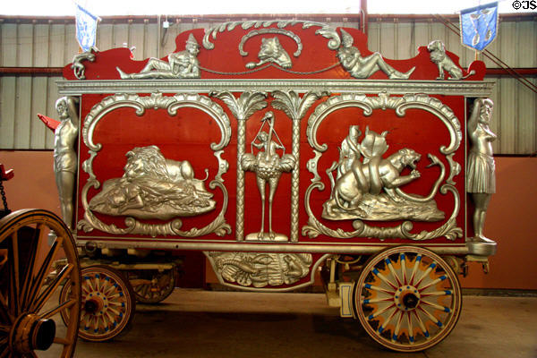 Red & silver circus wagon wild animal carvings at Circus World Museum. Baraboo, WI.