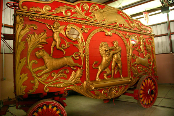 Red & gold circus wagon lion tamer carvings at Circus World Museum. Baraboo, WI.