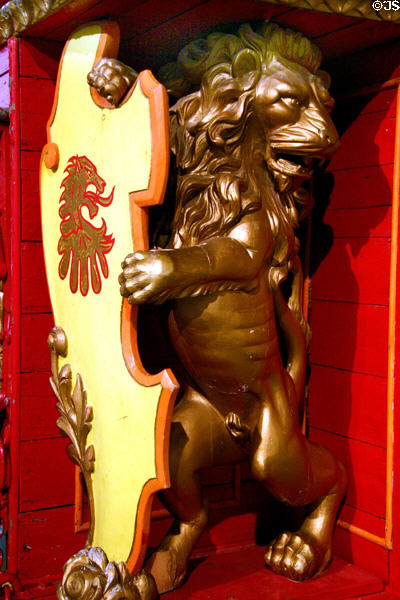 Lion with shield detail of circus wagon at Circus World Museum. Baraboo, WI.