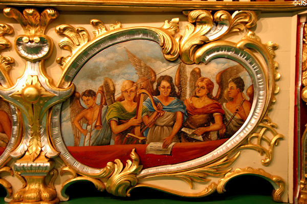 Painting of angels playing music on Royal American Shows Gavioli Band Organ at Circus World Museum. Baraboo, WI.